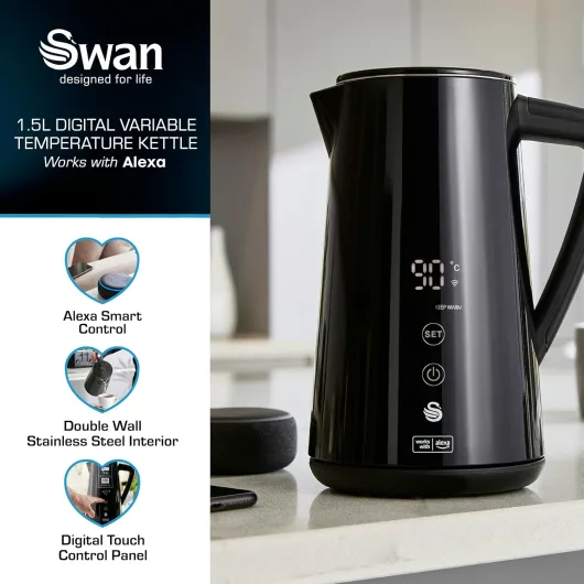 Alexa Smart Kettle, 1.5L Voice-Controlled Kettle with LED Touch Panel, 6 Temperature Settings, Keep Warm Function, Double Wall Insulated, Stainless Steel Interior, Black, SK14650BLKN