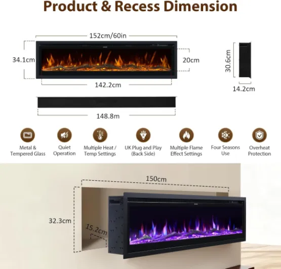 3 IN 1 Electric Fire 152cm/60" Wall Mounted/Recessed/Freestanding Electric Fireplace with Remote & Touch Screen Control 12 LED Color Flame Effect, 2 Heat Power 900W&1800W, Crystal & Log Set 152 cm