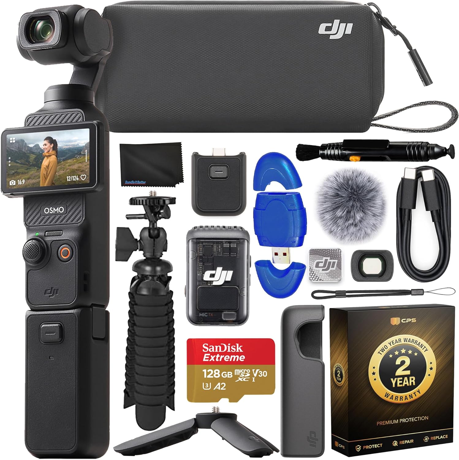 Osmo Pocket 3 Creator Combo Gimbal Stabilizer with 1′′ CMOS & 4K/120fps Video, 3-Axis Stabilization Bundle with 128GB Memory Card, Gripster Flexible Spider Tripod, 2 YR CPS Warranty + More