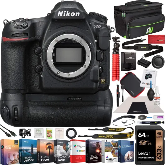 D850 FX-Format Full Frame Digital SLR DSLR WiFi 4K Camera Body + Battery Grip Power Bundle with Deco Gear Photography Case Bag + 64GB Card + Compact Tripod + Software & Accessories