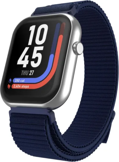 AIR 5 Smartwatch – 1.85” AMOLED Display, Bluetooth Calling, 100+ Sport Modes, Heart Rate, SPO₂, Stress & Sleep Tracking, IP68 Water Resistant, 7-Day Battery Life – for Android & iOS Silver Case w/ Navy Nylon Sport Band