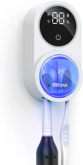 Toothbrush Cleaner & Toothbrush Holder, Cleaning and Air Drying, LED Smart Screen, Rechargeable Wall Mount Toothbrush Holder for Bathrooms Sanilux Hero White Silver Trim