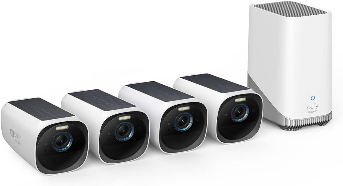 EufyCam S330 (eufyCam 3) 4-Cam Kit, Security Camera Outdoor Wireless, 4K with Integrated Solar Panel, Face Recognition AI, Expandable Local Storage, Spotlight, No Monthly Fee
