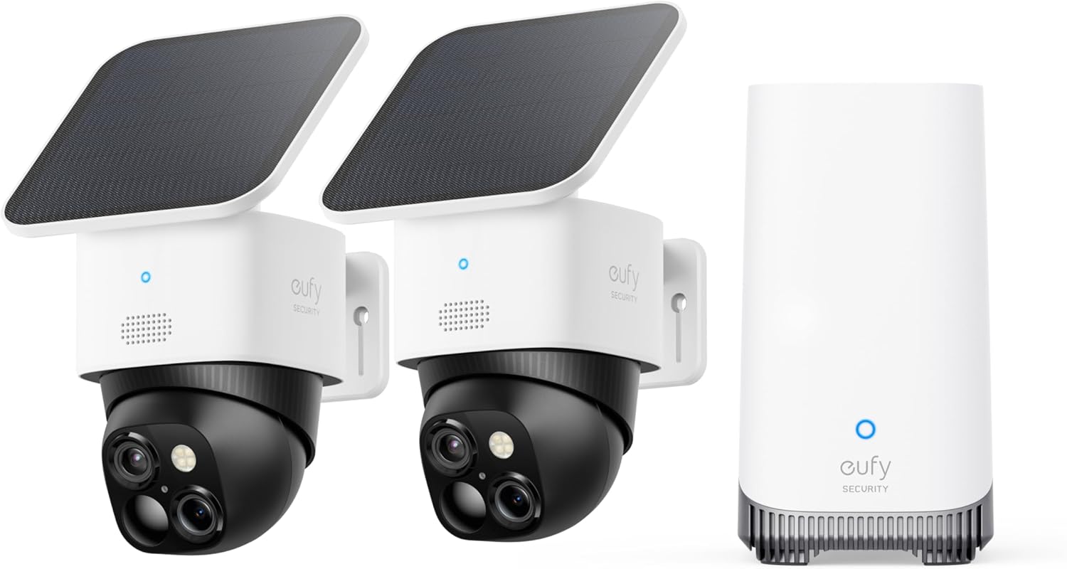 SoloCam S340 2-Cam Kit (HomeBase S380), Solar Security Camera, Wireless Outdoor Camera, 360° Pan and Tilt Surveillance, No Blind Spots, 2.4 GHz Wi-Fi, No Monthly Fee