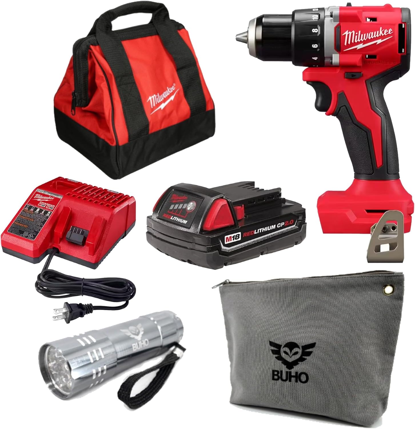 M18 18V Brushless Cordless 1/2 in - Compact Drill/Driver Bundle with (1) 2.0 Ah Battery, Charger, Milwaukee Tool Bag, Buho Zipper Pouch and Flashlight