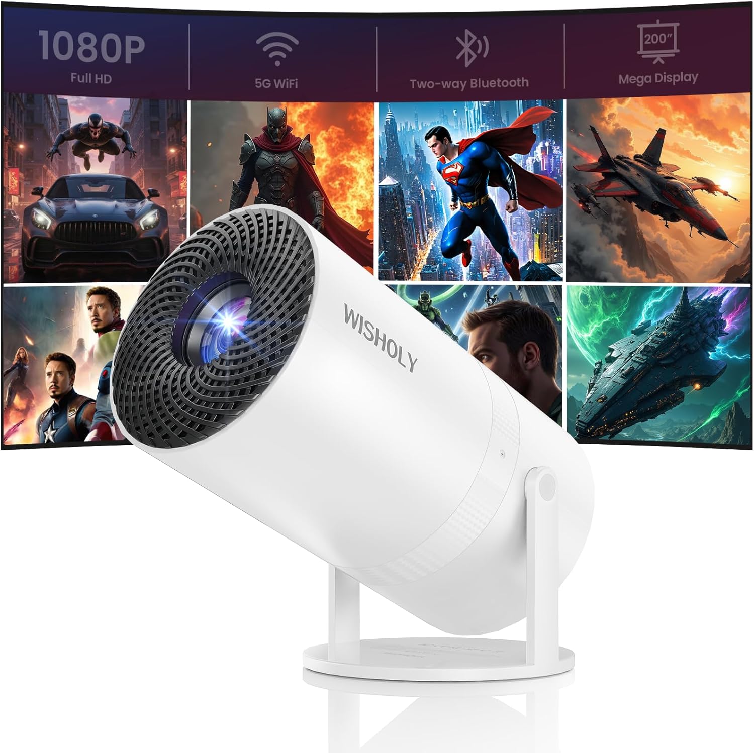 Mini Projector with WiFi and Bluetooth, Portable Movie Projector with 180° Rotatable, 1080P HD Supported, Auto Vertical Keystone, Compatible with Smartphone, TV Stick, Laptop, HDMI, USB