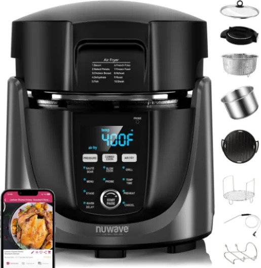 Duet Electric Pressure Cooker & Air Fryer Combo, 450 IN 1 Slow Cooker & Grill with Integrated Digital Temp Probe, 6qt SS Pot, Adjustable High/Low Pressure, Built-in Sure-Lock Safety Tech Black and Gray