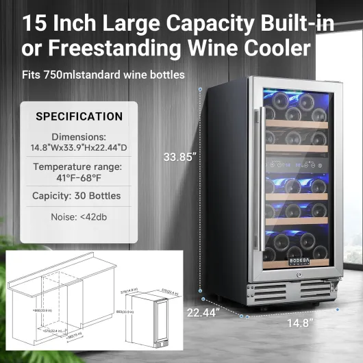 15 Inch Wine Fridge, 30 Bottle Wine Cooler Refrigerator, 41-68°F Wine Refrigerator Glass Door, Soft LED Dual Zone Wine Fridge, Built-in or Freestanding Fridge for Home/Bar/Kitchen (3.2 cu.ft) 3.2 cu.ft Wine Fridge Black