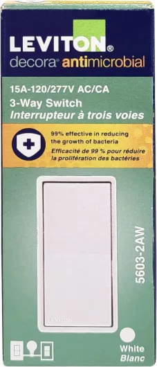 Antimicrobial 15 Amp 120/277V Decora Rocker 3-Way AC Quiet Switch, 5603-2AW, White White 1 Count (Pack of 1)