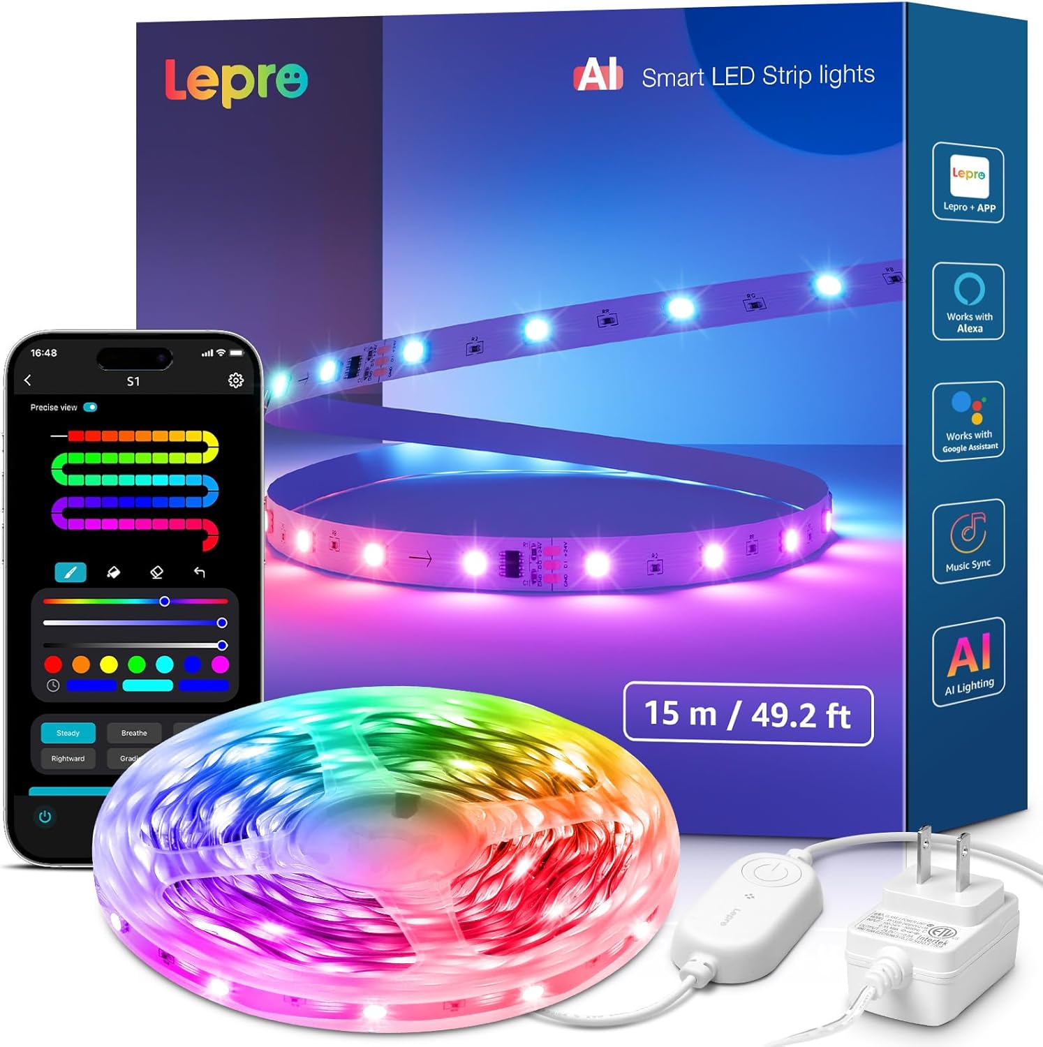 S1 AI LED Strip Lights for Bedroom - 50ft Smart RGB Light Strips with IC and Rainbow Chasing Effects, Color Segment DIY, Personalized Al Lighting Designer, No Remote, 2.4G Wi-Fi & Bluetooth