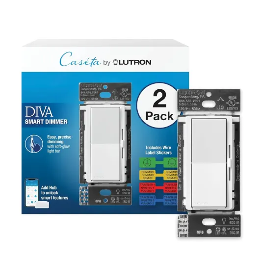 Diva Smart Dimmer Light Switch for Caseta Lighting (Lutron Smart Hub Required), for LED Lights, 150W, Single-Pole/3-Way, No Neutral, White, 2 Pack (DVRF-6LS-WH-2) White 2 Pack Diva Smart Dimmer Switch