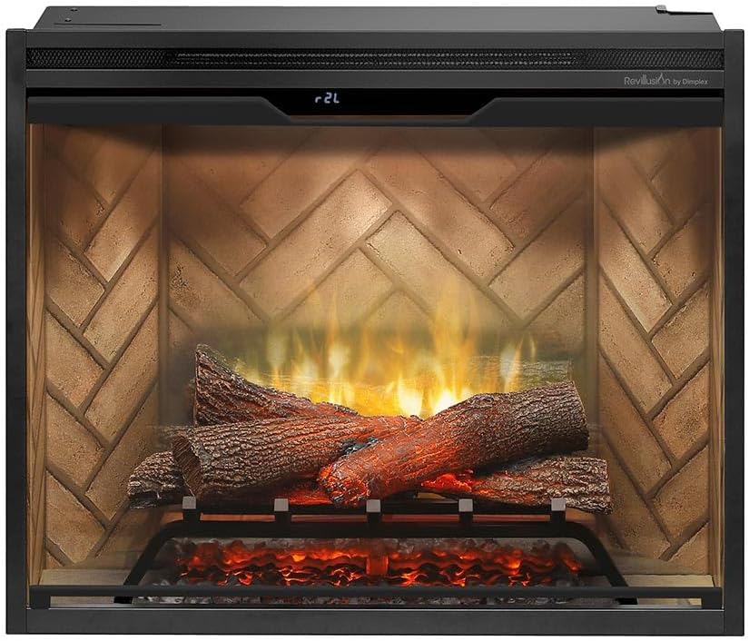 Revillusion® 30 Inch Built-in Electric Firebox - Herringbone Brick Background - Includes Realistic Faux Logset, Front Glass Panel, Firebox, and Plug Kit 30 Inch w/Front Glass Brick