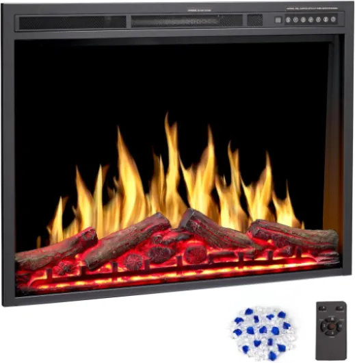 34" Electric Fireplace Insert, Adjustable Changeable Flame & Log Colors, Variable Flame Speed & Brightness, Remote Control, 750W/1500W, 34"x26" Size BXB 34INCH