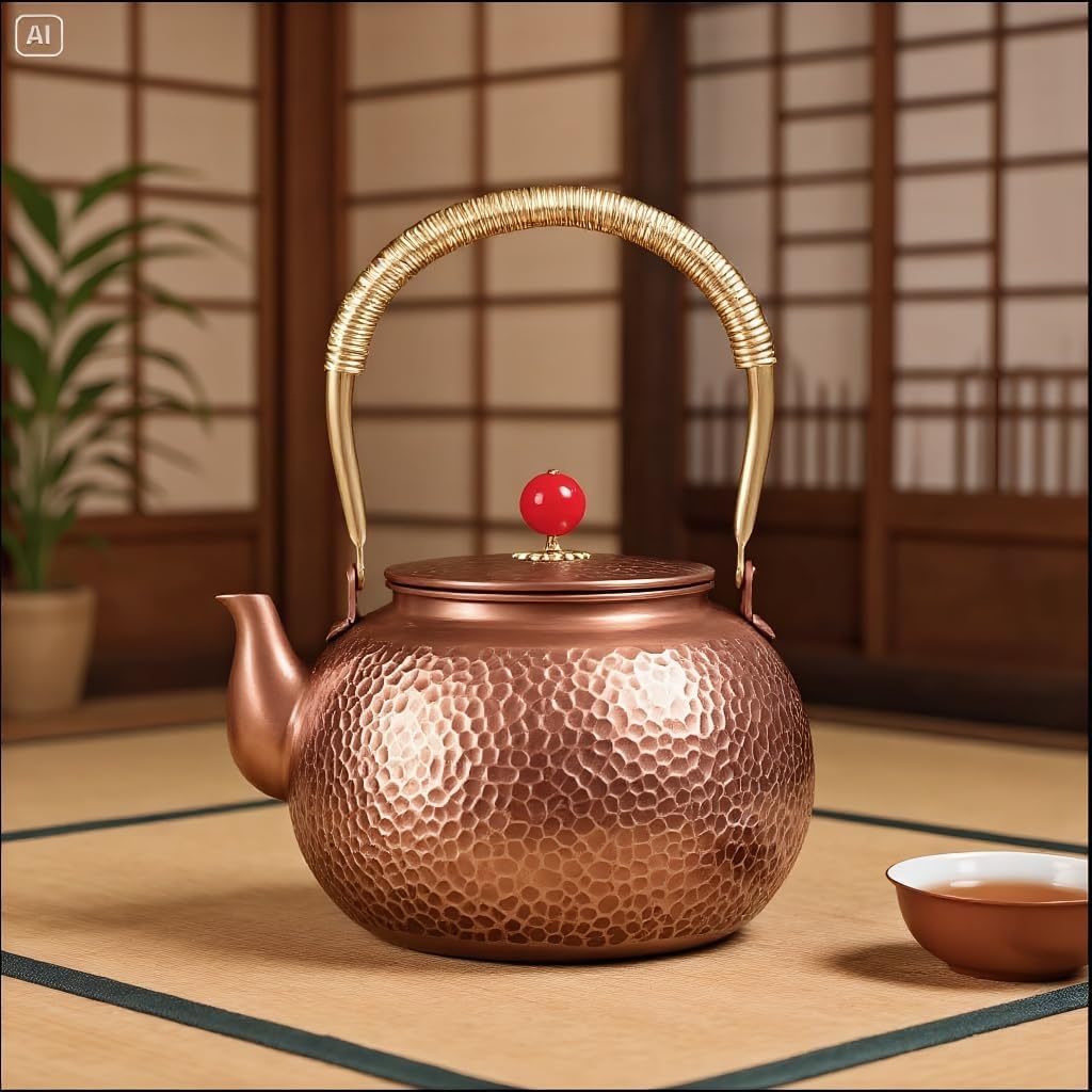Copper Tea Kettle, 1.6 Quart Stovetop - Handmade Hammered Pot with Coating-Free & Rust Resistant Design for Traditional Stovetop Use