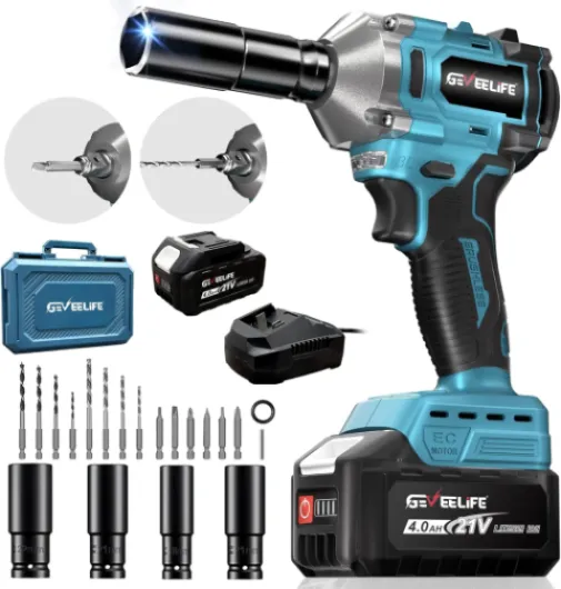450N.m/332Ft-lbs Brushless Impact Wrench,1/2" Cordless Impact Gun with 4.0Ah Battery & 6 Sockets, Electric Impact Driver for Car/DIY Furniture/Lawn Mower/blue (450N)