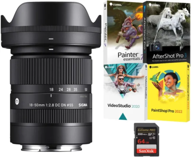 Sigma 18-50mm f/2.8 DC DN Contemporary Lens (Sony E-Mount) Bundle with Software Suite and 64GB Memory Card (3 Items)