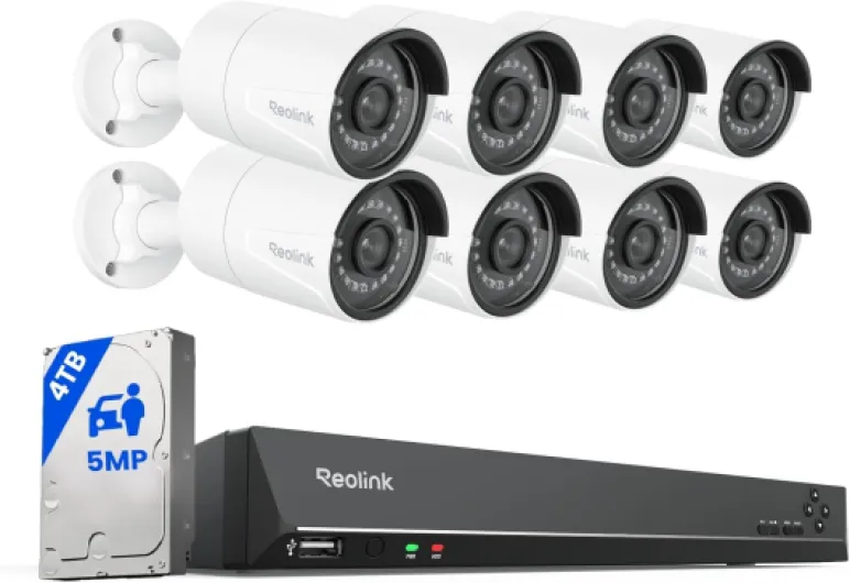 16CH 5MP Home Security Camera System, 8pcs Wired Outdoor PoE IP Cameras with Person/Vehicle/Pet Detection, 8MP 16CH NVR with 4TB HDD for 24-7 Recording, RLK16-410B8-5MP