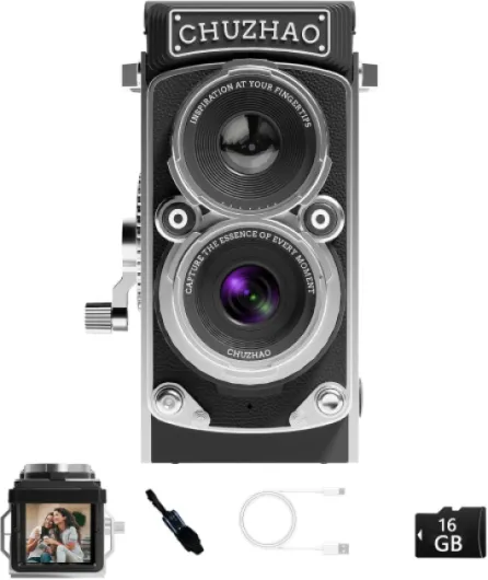 CHUZHAO Vintage Mini Digital Camera, Portable TLR Style Retro Point and Shoot Compact Small Pocket 1080P FHD Video 12MP Autofocus Vlogging Camera with 16 GB Card for Beginners Teens Adults Black Black 16GB