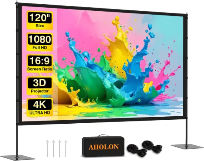 Outdoor Projector Screen with Stand - 120 inch Portable Projector Screens Indoor Outdoor Projector Screen 16:9 4K HD Outdoor Movie Screen with Carry Bag,Enioy Home Theater Projection Screen - AHOLON PS120