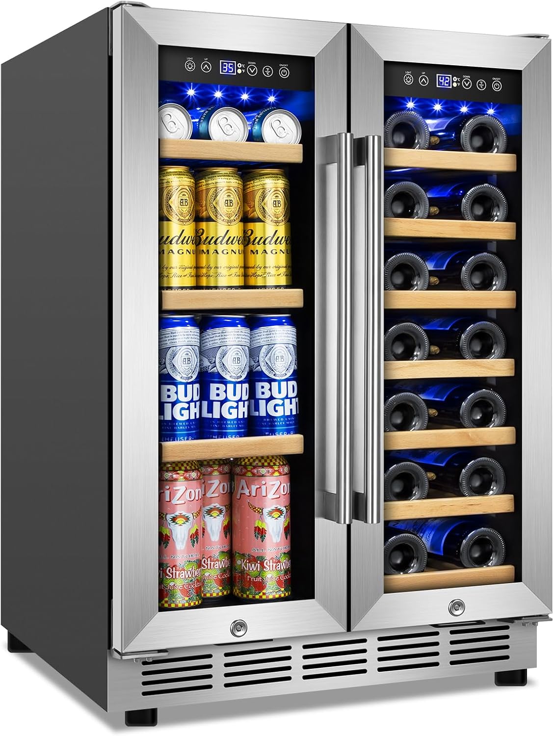Wine and Beverage Refrigerator, 24 Inch Beverage Cooler Dual Zone with Glass Door, Built-in/Freestanding Beverage Fridge with Upgraded 20 Bottles and 60 Cans Large Capacity Stainless Steel 4.65 Cubic Feet