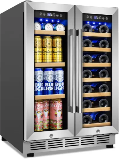 Wine and Beverage Refrigerator, 24 Inch Beverage Cooler Dual Zone with Glass Door, Built-in/Freestanding Beverage Fridge with Upgraded 20 Bottles and 60 Cans Large Capacity Stainless Steel 4.65 Cubic Feet