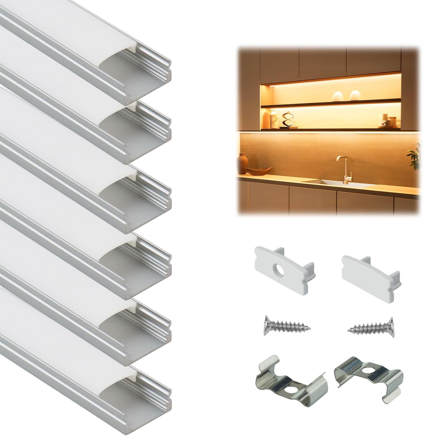 6Pack 3.3FT/1M LED Channel Aluminum U Shape Silver LED Strip Diffuser Channel with Milky White Cover Easy Installation U1SW WW 1M