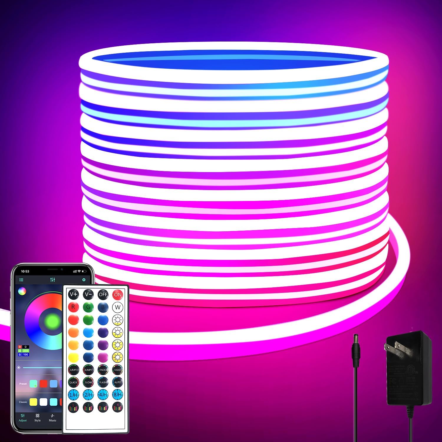 32.8ft LED neon Lights with Remote APP Control IP65 Waterproof Flexible Neon Strip Lights 24V RGB Rope Lights for Bedroom Room Outdoors Décor