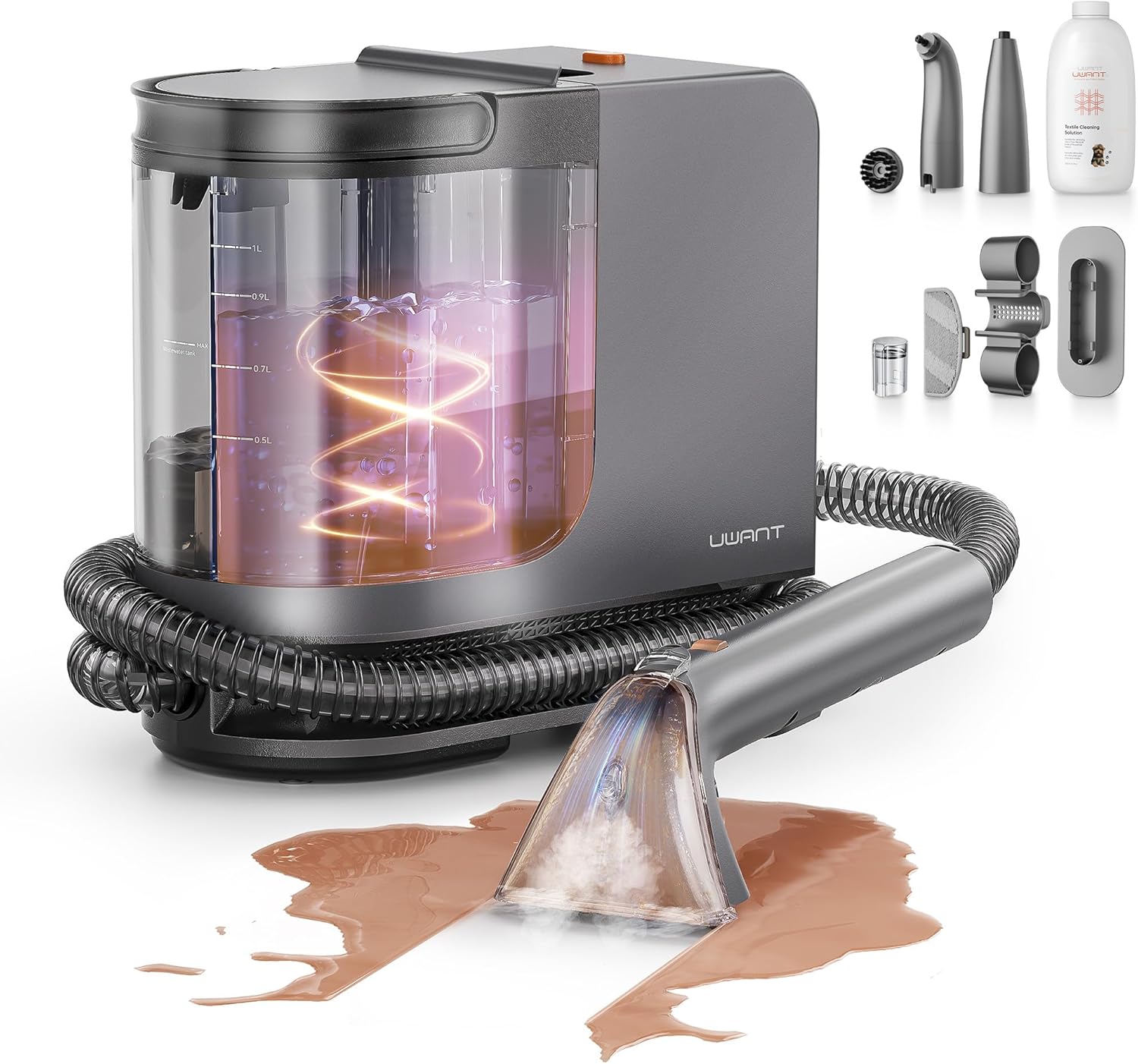 Portable Carpet Cleaner with Steam& Heating System 18Kpa Powerful Suction Carpet Cleaner with 4 Cleaning Tools& Solution 2 in 1 Upholstery Cleaner Steam Cleaner for Pets, Car