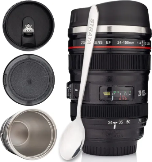 Camera Lens Coffee Mug -13.5oz - (2 LIDS + SPOON + BAG) Gift for Him, Dad Gifts, Photography, Camera accessories, Novelty Gifts