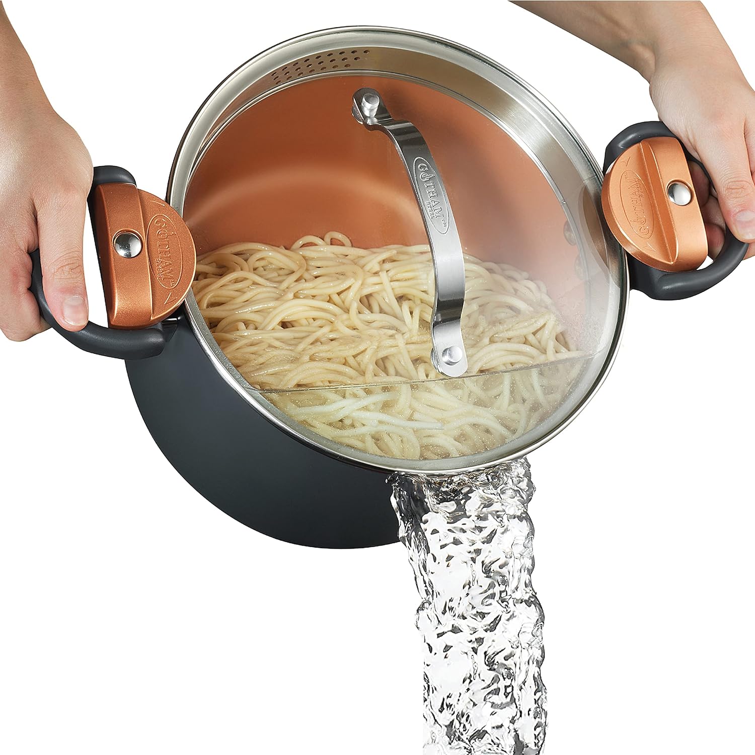 5 Quart Stock Pot Multipurpose Pasta Pot with Strainer Lid & Twist and Lock Handles, Nonstick Ceramic Surface Makes for Effortless Cleanup with Tempered Glass Lid, Dishwasher Safe Graphite 5 Quarts