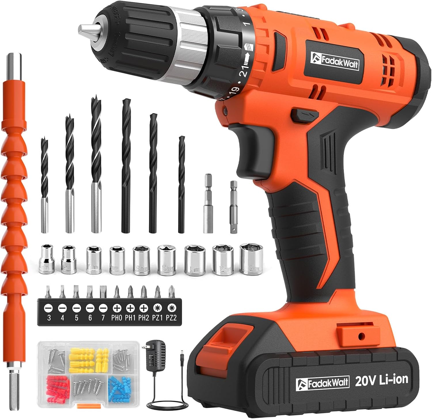 20V Electric Power Drill Set, Torque 30N, 21+1 Torque Setting, 3/8-Inch Keyless Chuck, LED Electric Drill Kit, Orange