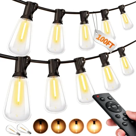 Outdoor String LED Patio Lights - 100Ft 30M Outside Waterproof Light with Remote Dimmable ST38 Shatterproof Bulb Connectable Hanging Outdoor Electric Lighting for Backyard Yard Gazebo Porch Party 100FT-Remote