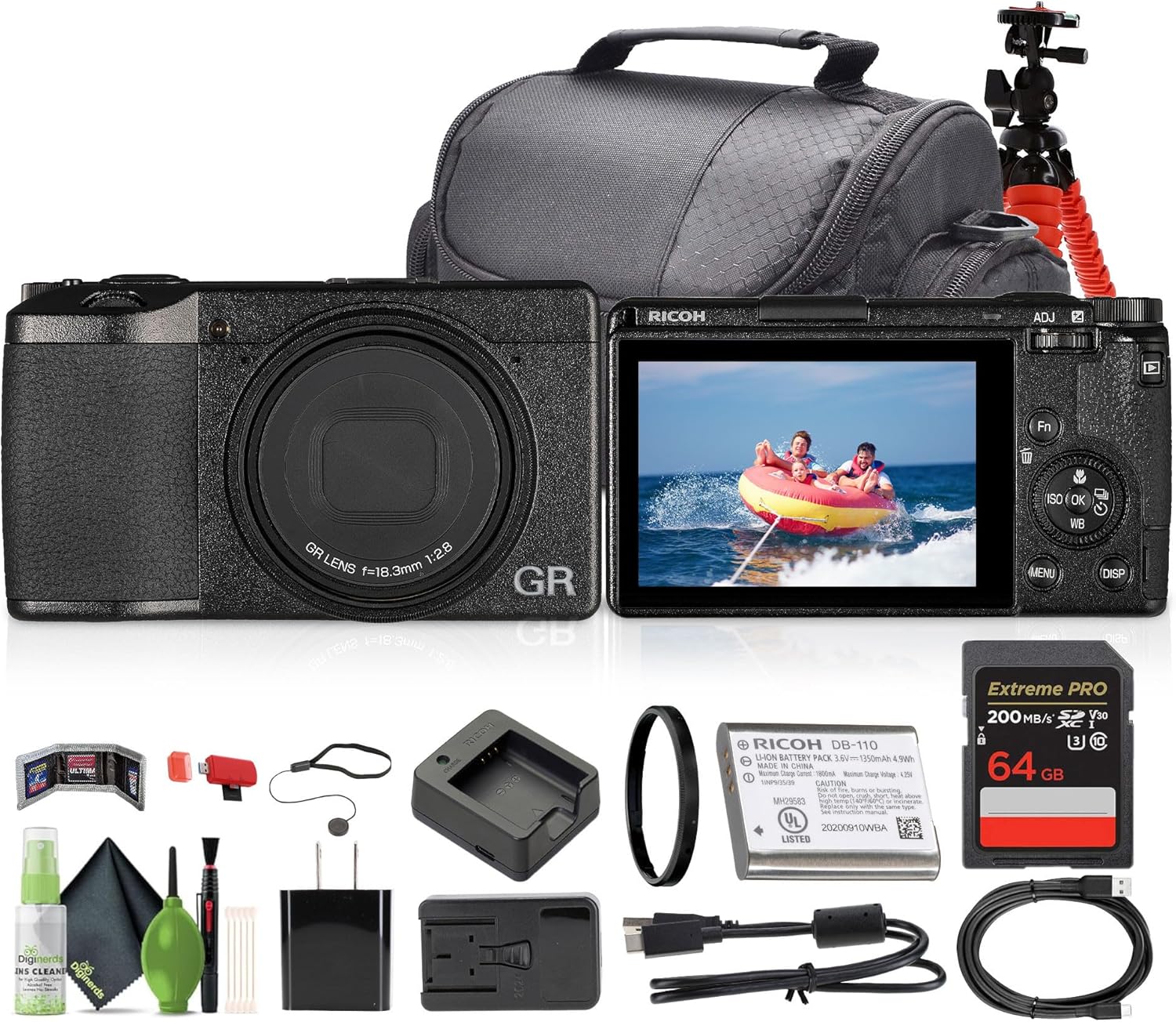 GR III Compact Portable Digital Camera (15039) + 64GB Memory Card + Camera Bag + Flexible Tripod + Cleaning Kit + Card Wallet and Reader + Lens Cap