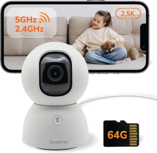 2.5K Indoor Pan-Tilt Dome Security Camera, AI Human & Pet Detection, 360° Coverage, Two-Way Audio, Dual-Band Wi-Fi (2.4G/5G), 64GB SD Card Included, No Monthly Fees 1 White
