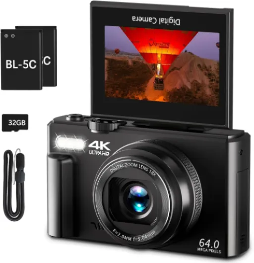 4K Digital Camera for Photography, 64MP Vlogging Camera for YouTube with 3" 180° Flip Screen, 18X Digital Zoom Point and Shoot Camara with 32GB Micro SD Card for Beginner (Black) YL15-W08-C-Black