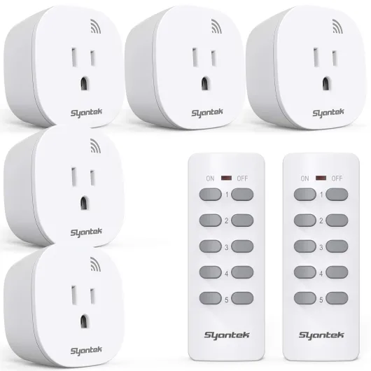 Remote Control Outlet Wireless Light Switch for Household Appliances, Expandable Remote Light Switch Kit, Up to 100 ft Range, FCC Certified, ETL Listed, White (5 Outlets + 2 Remotes)
