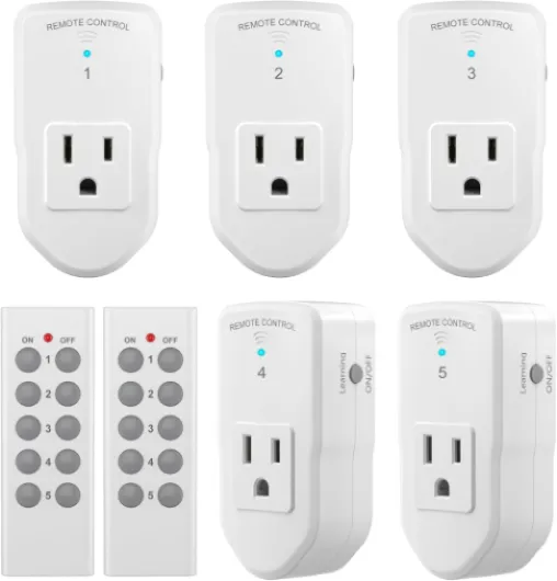 BN-LINK Wireless Remote Control Outlet Electrical Switch for Lights, Fans, Christmas Lights, Small Appliance, 100ft Long Range White (Learning Code, 5Rx-2Tx) 1200W/10A, ETL & FCC Certified