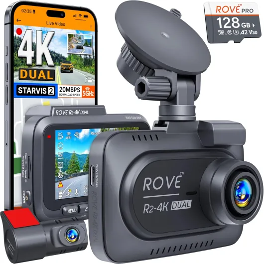 R2-4K DUAL Dash Cam Front and Rear, STARVIS 2 Sensor, FREE 128GB Card Included, 5G WiFi - up to 20MB/s Fastest Download Speed with App, 4K 2160P/FHD Dash Camera for Cars, 3" IPS, 24H Parking Mode