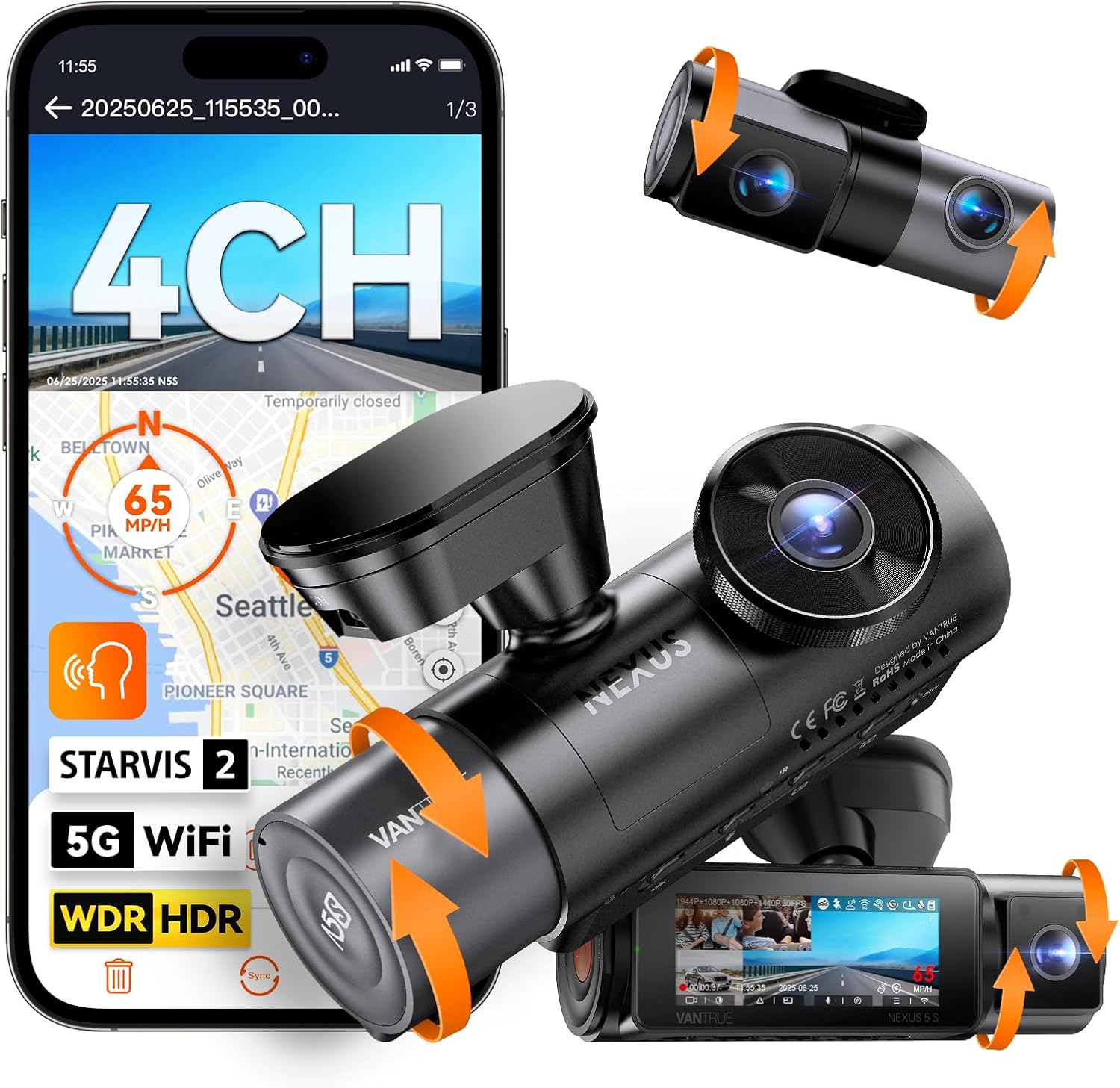 N5S 4 Channel 360 Degree WiFi Dash Cam, STARVIS 2, IR Night Vision, 2.7K+1080P*2+1440P Front Rear Inside Dashcam, Voice Control, GPS, 24 Hours Parking Mode, IR Night Vision, Support 1TB Max