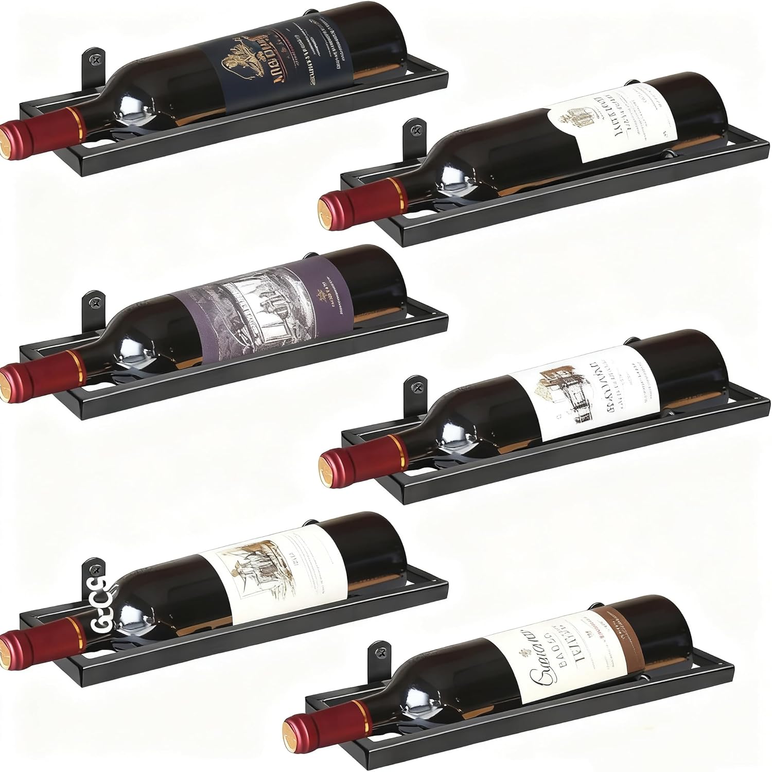 6-Shelf Metal Wall Mounted Wine Rack - Hanging Wine Bottle Holder Organizer for Kitchen, Bar, Home Storage - 6PCS Iron Wine Bottle Display Stand (6PCS-Black)