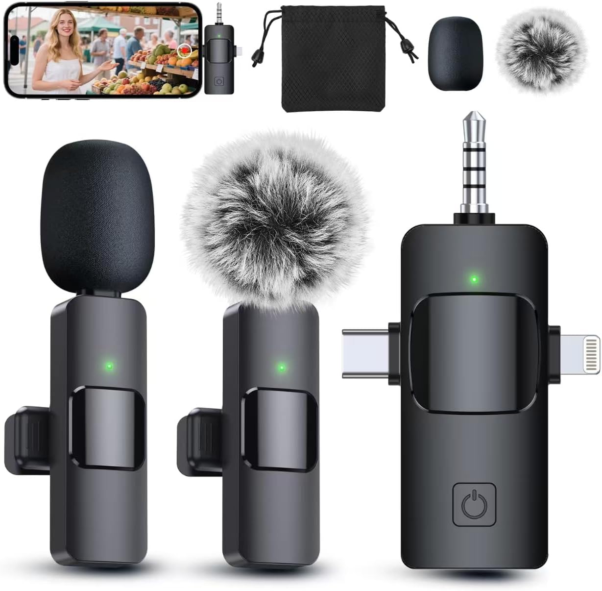 3 in 1 Professional Wireless Lavalier Microphone for iPhone, Android, Camera, Wireless Microphones, Mini Microphone, Crystal Clear Sound Quality for Recording, Live Streaming, Microphone Clips Elegant Black