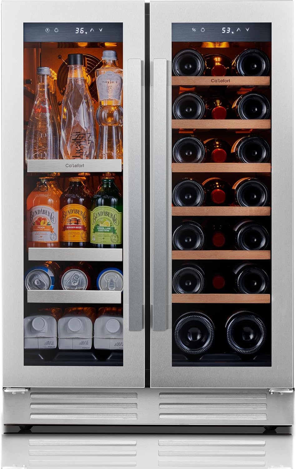 Ca'Lefort 24 Inch Wine and Beverage Refrigerator, 60 Can and 20 Bottle Wine Fridge 36-72°F, 3 LED Dual Zone Wine Cooler with Glass Door, Built-in Compressor Refrigerator for Home/Kitchen (4.10 cu.ft) 24 Inch-20 Bottles and 60 Cans(4.1 cu.ft)