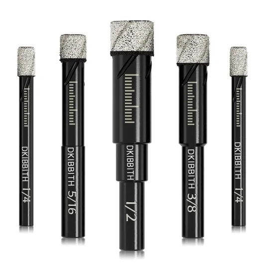 Dry Diamond Drill Bits Set, 5 Pcs Tile Drill Bits for Porcelain, Ceramic, Granite, Marble, Stone, Glass Hard Materials, Round Shank 1/4", 5/16", 3/8", 1/2" Drill Bits, with Storage Case 5 Pcs Diamond Bits