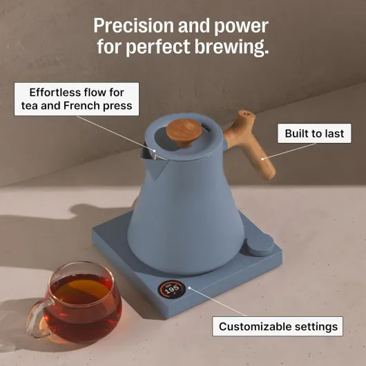 Corvo EKG Pro Electric Tea Kettle - Quick Heating, Precise Temperature Control Electric Kettle, Scheduling, Built-in Brew Timer for Boiling Water - Hazy Blue with Maple Handle - 0.9 Liter Hazy Blue with Maple Handle + Lid Pull Corvo EKG Pro