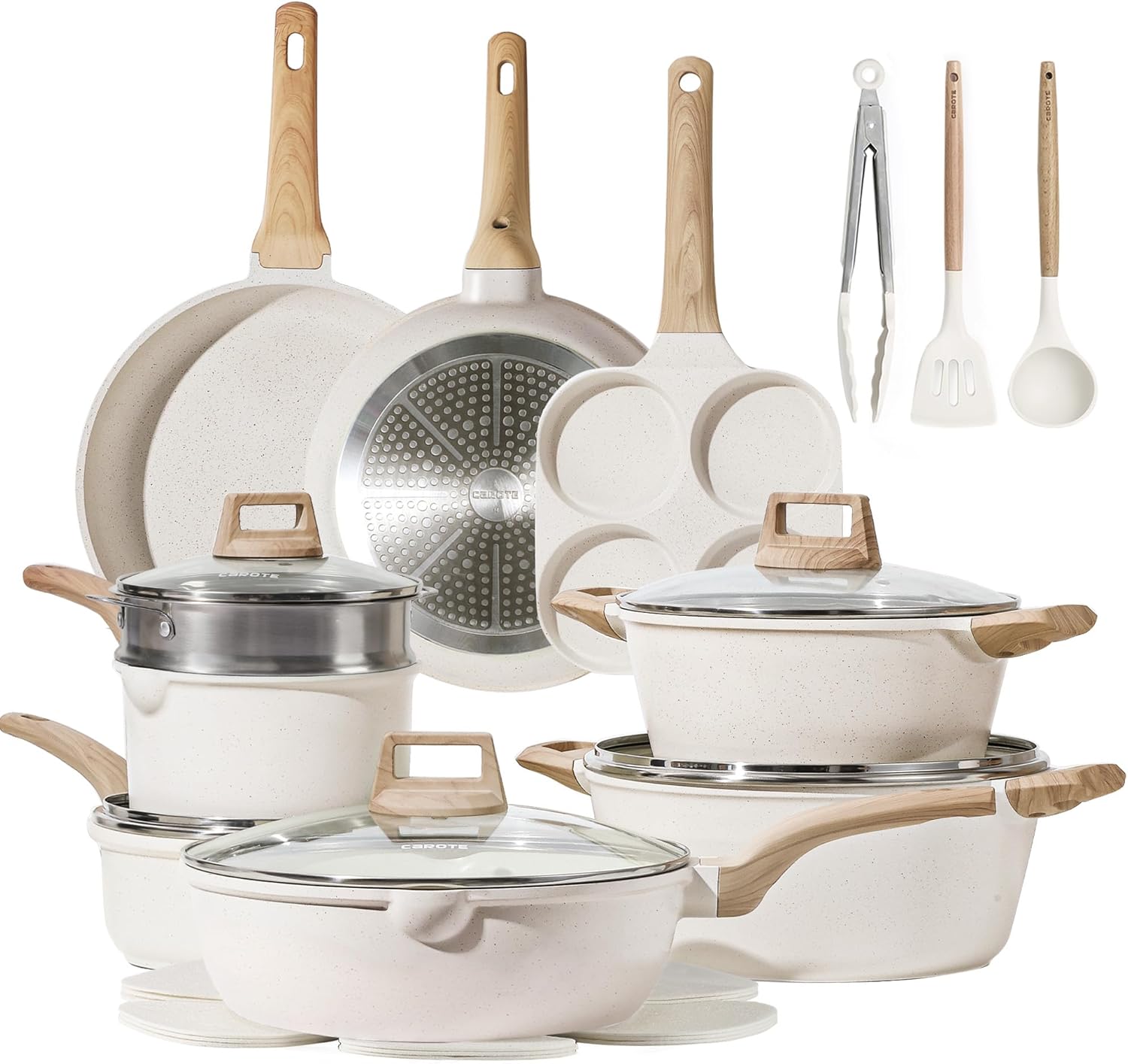 21Pcs Pots and Pans Set, Nonstick Cookware Sets, White Granite Induction Cookware Non Stick Cooking Set w/Frying Pans & Saucepans(PFOS, PFOA Free) Cream White 21 Piece
