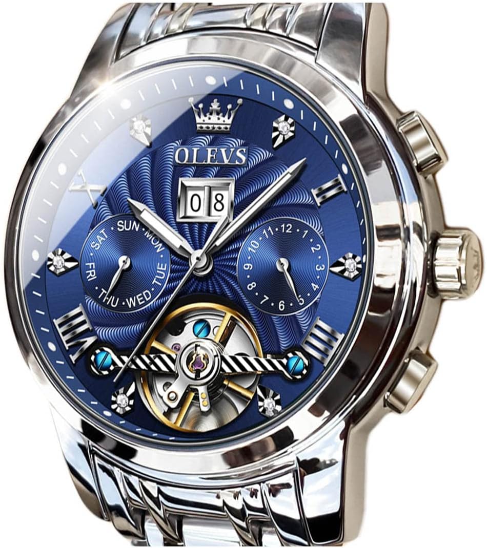Men Automatic Watch Skeleton 5 Hands Mechanical Classic Luxury Multi Calendar Stainless Steel Waterproof Wrist Watch for Men Silver&Blue