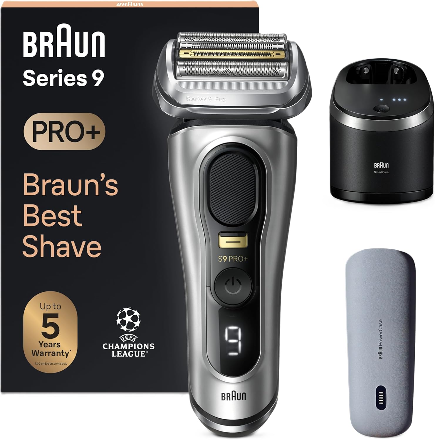 Series 9 PRO+ 9577cc Electric Razor for Men, 5 Pro Shave Elements & Precision Long Hair Trimmer, 6in1 SmartCare Center, PowerCase for Mobile Charging, Wet & Dry, 60min Battery Runtime Silver 6 Piece Set