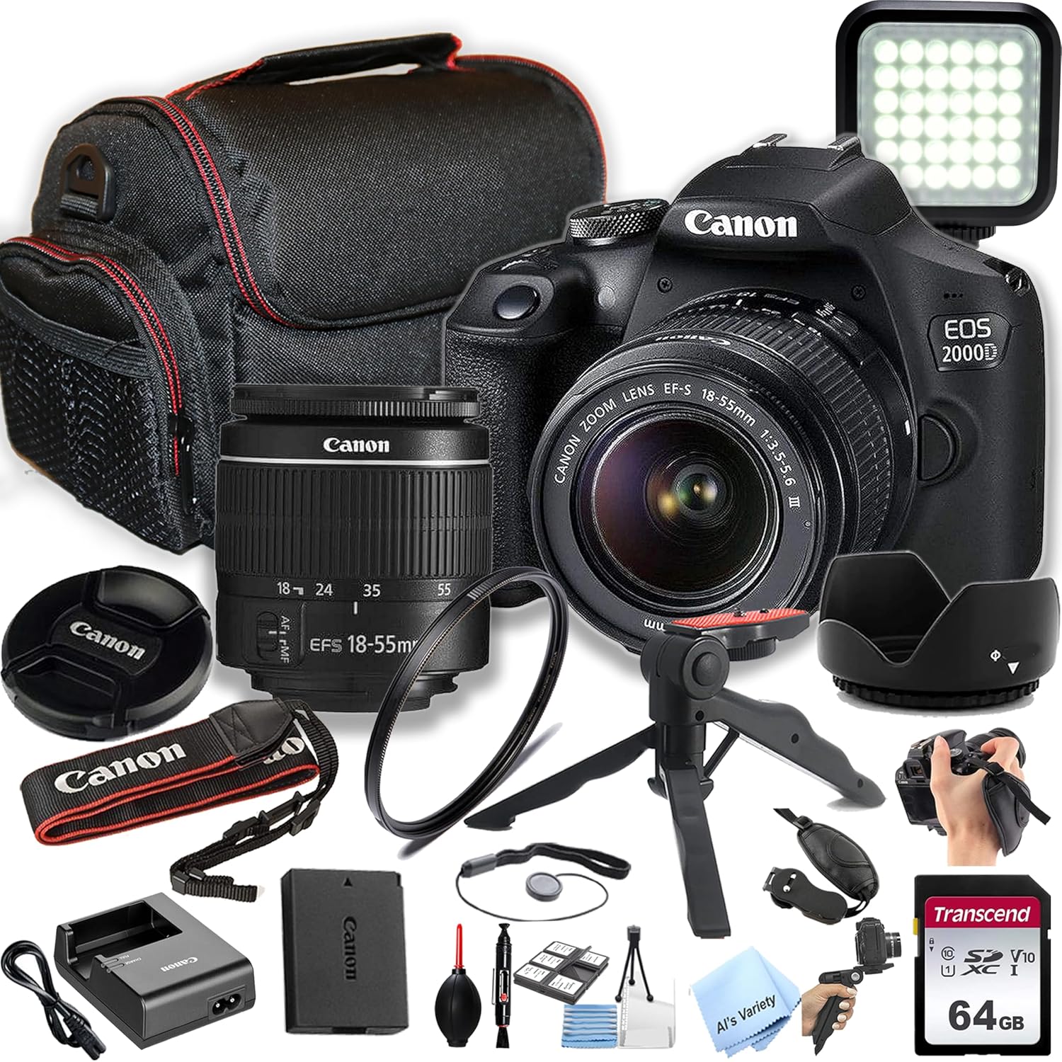 Canon EOS 2000D / Rebel T7 DSLR Camera w/EF-S 18-55mm F/3.5-5.6 Zoom Lens + 64GB Memory, LED Video Light, Case, Gripster Tripod, and More (Essential Bundle) (Renewed)