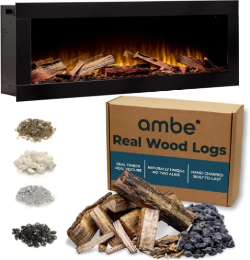 Linear 50" Electric Fireplace with Real Wood - Hidden Vent Design - Midwest Hardwood Log Set - Recessed or Built-in - Deep Realistic Ember Bed - Fireplace Insert Heater - Trim or Frameless 50" Real Wood Logs