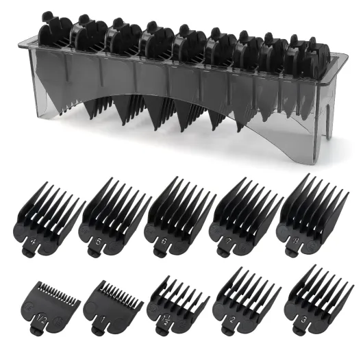 Clipper Guards Set Compatible with Most Wahl Clippers with Holder, Clipper Guides Replacement - 1/16" to 1", 10 Piece Set, Black Color